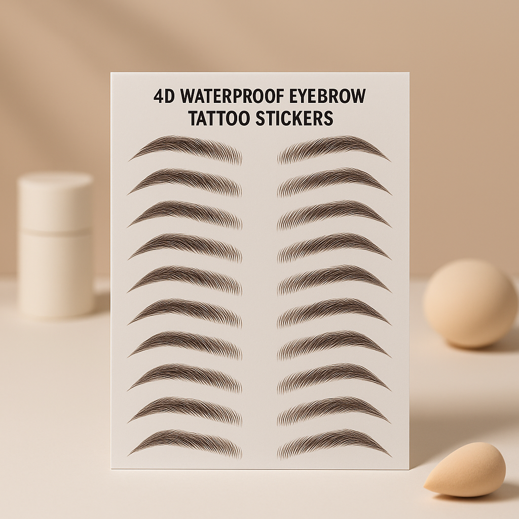4D Waterproof Eyebrow Tattoo Stickers displayed on a white sheet, showcasing various eyebrow designs for easy application.